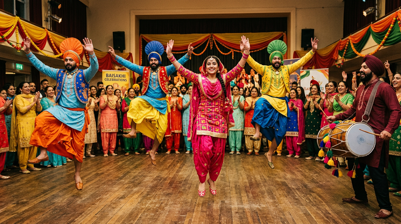 Men in bright turbans and a young woman in a pink phulkari suit performing Bhangra with a dhol drummer