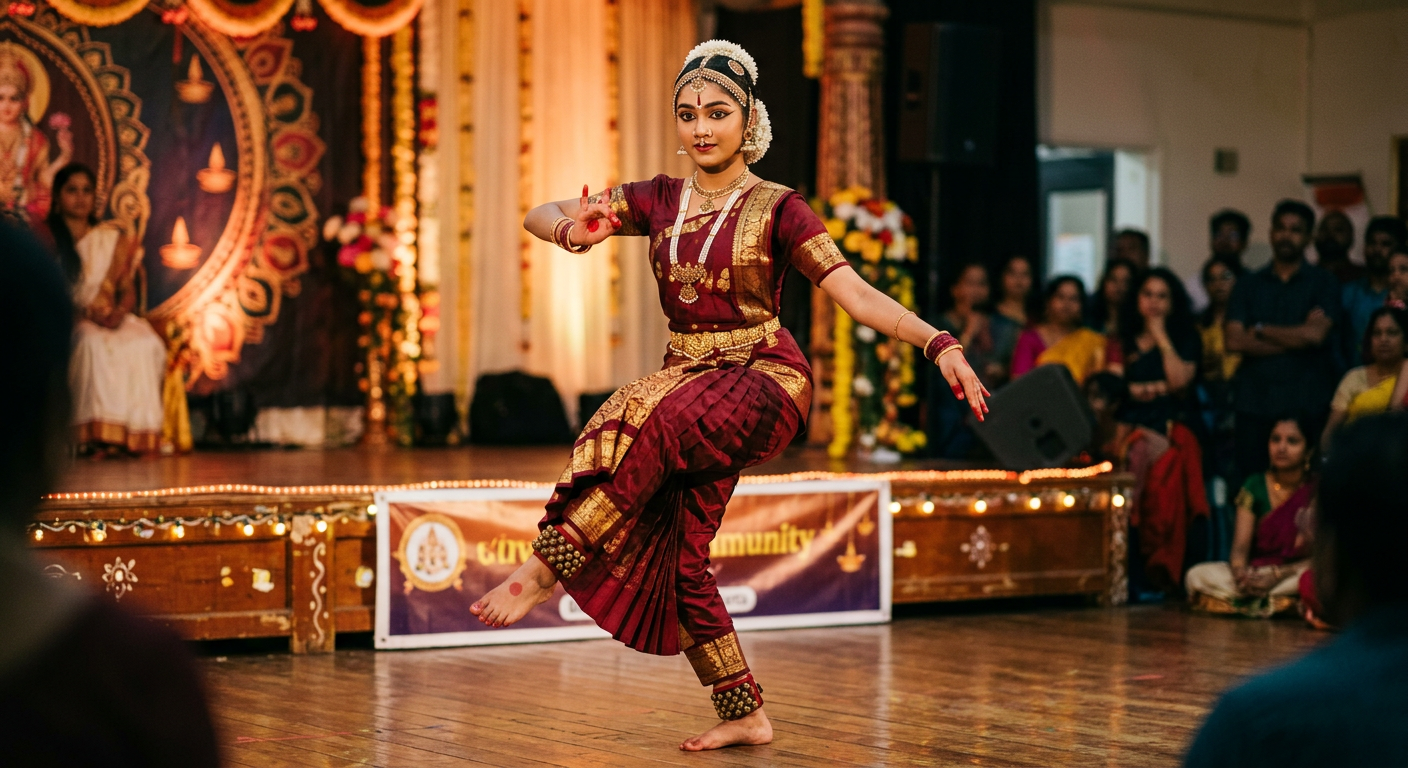 Young Bharatanatyam dancer performing in a maroon and gold costume
